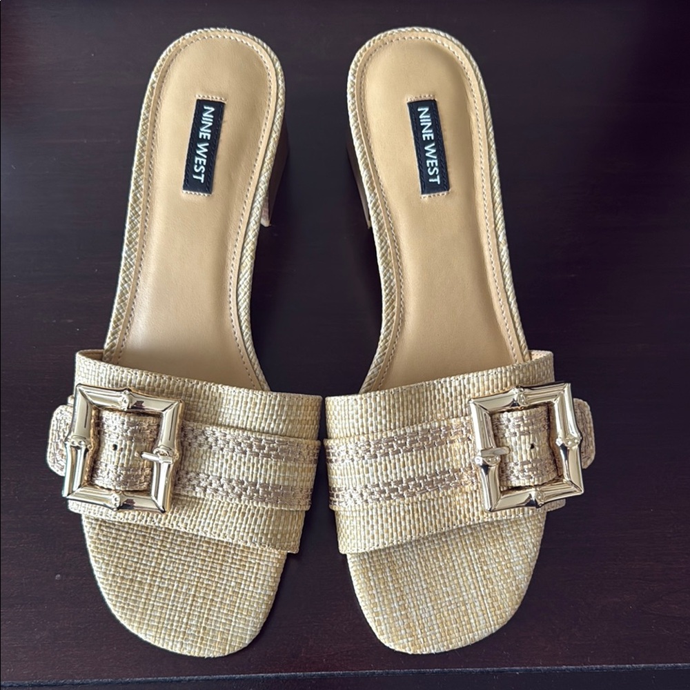 Nine West Rattan Slide Sandals with Gold Buckle